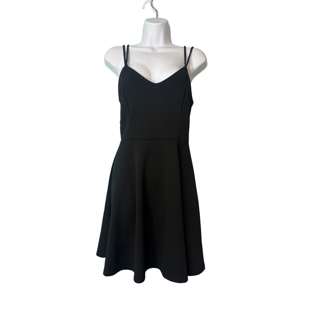 Rolla Coster‎ Black Y2K Skater Dress V-Neck Strappy Cross Back Fit Flare Large